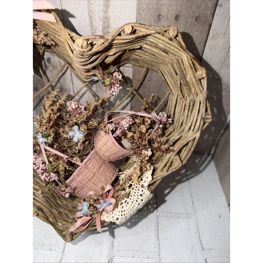 Twig Heart Wreath Primitive Rustic Country Cottage Pink Floral Basket Wall Decor